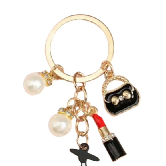 NEW Modern Lady Bag Lipstick Faux Pearls Keychain Bag Charm Key Ring - Picture 2 of 3